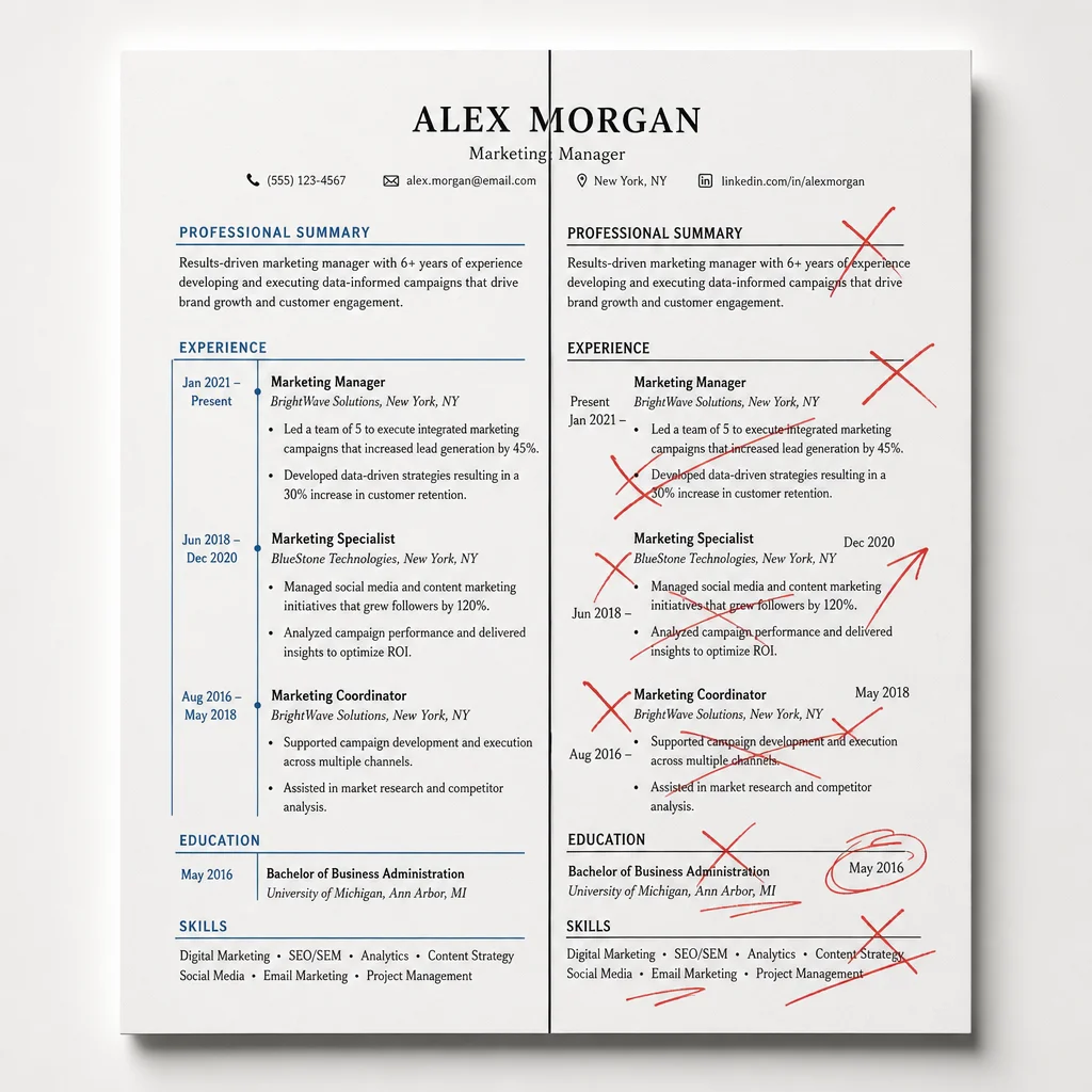 A side-by-side comparison of a resume section with consistent date formatting on the left and inconsistent formatting on the right. The left side looks clean and professional with blue highlights, while the right side is messy with red X marks. The composition is split vertically.