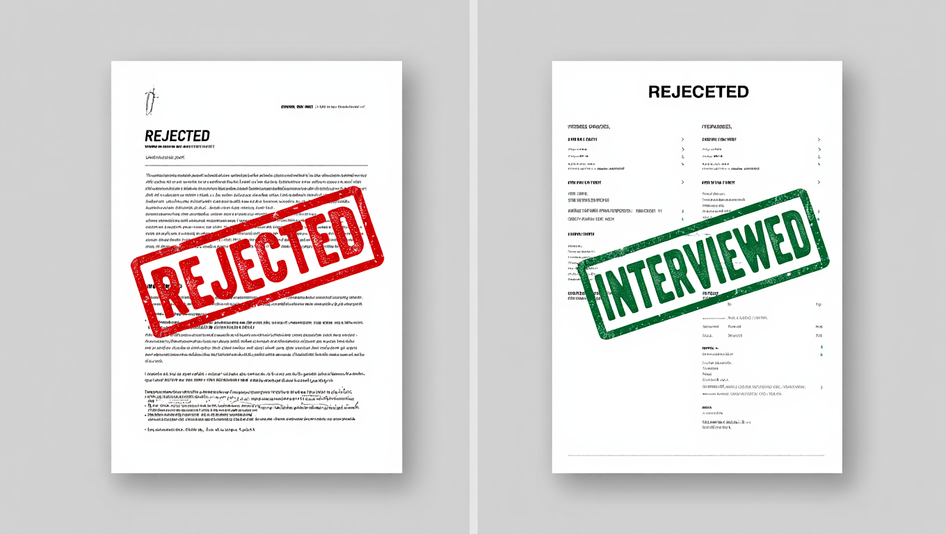 Split-screen comparison of a cluttered rejected resume and a clean interview-ready resume.