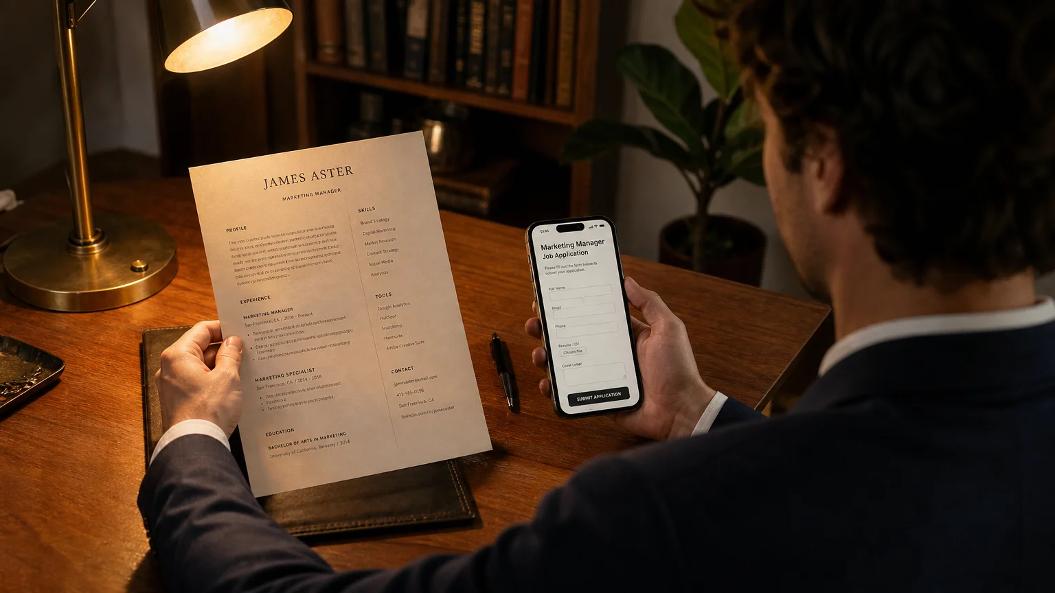 A person reviewing a printed resume and job application at a modern desk