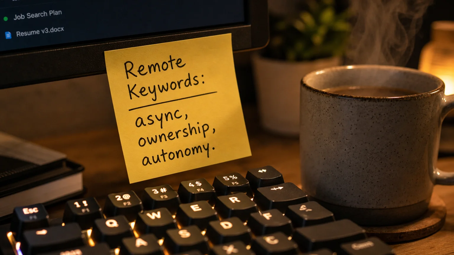 A close-up macro shot of a keyboard with a coffee cup beside it, but the focus is on a sticky note attached to the monitor that reads "Remote Keywords: async, ownership, autonomy." The lighting is warm and slightly dim. This detail shot emphasizes the small, intentional actions of a remote job seeker.