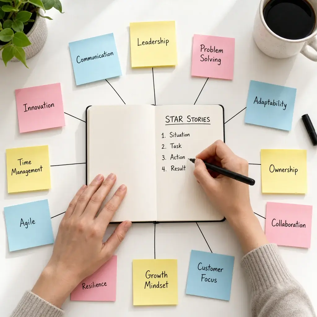 Hands writing in a notebook surrounded by sticky notes that map job requirements to STAR stories