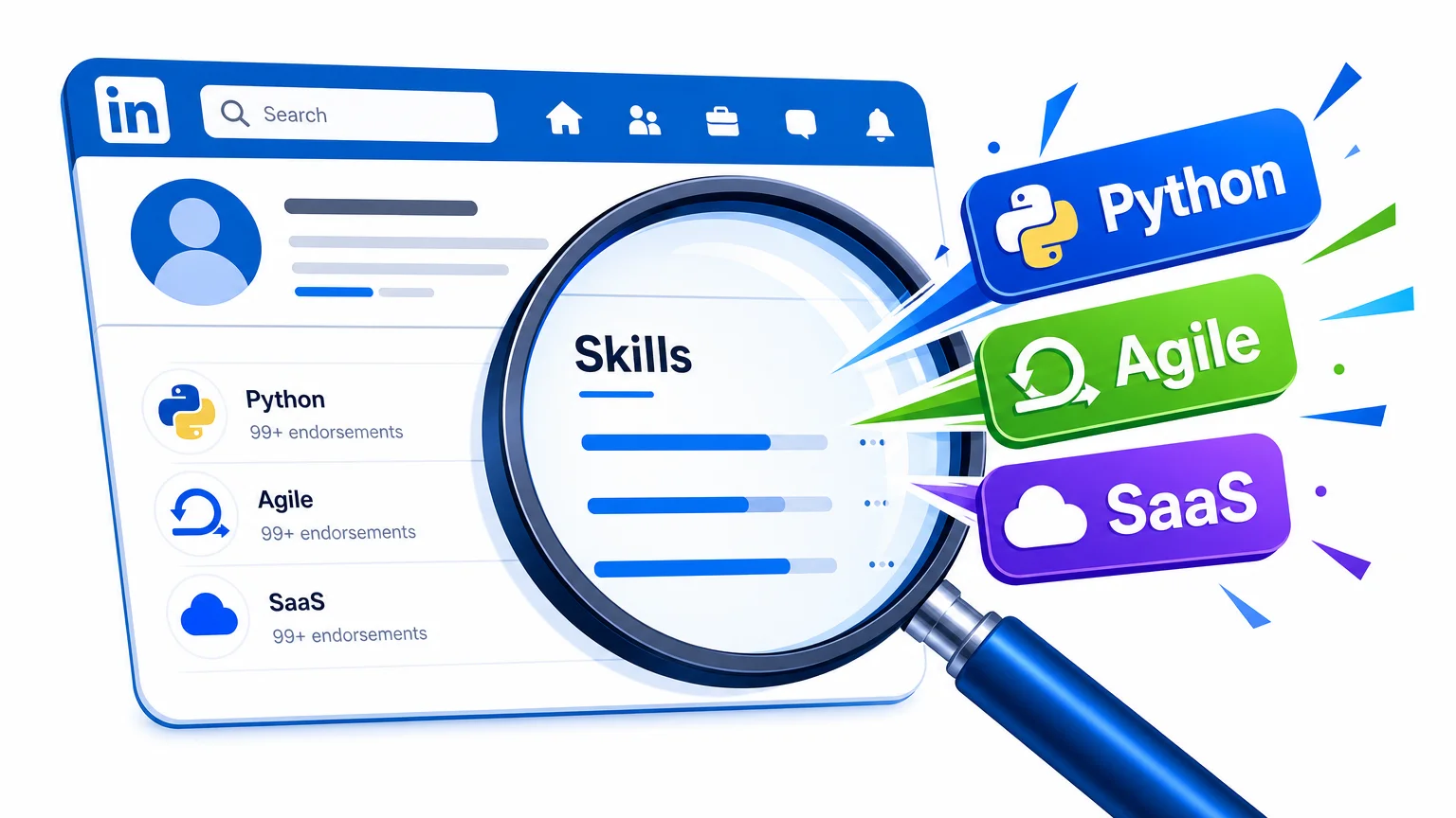 A magnifying glass highlights Python, Agile, and SaaS keywords in a LinkedIn skills section.