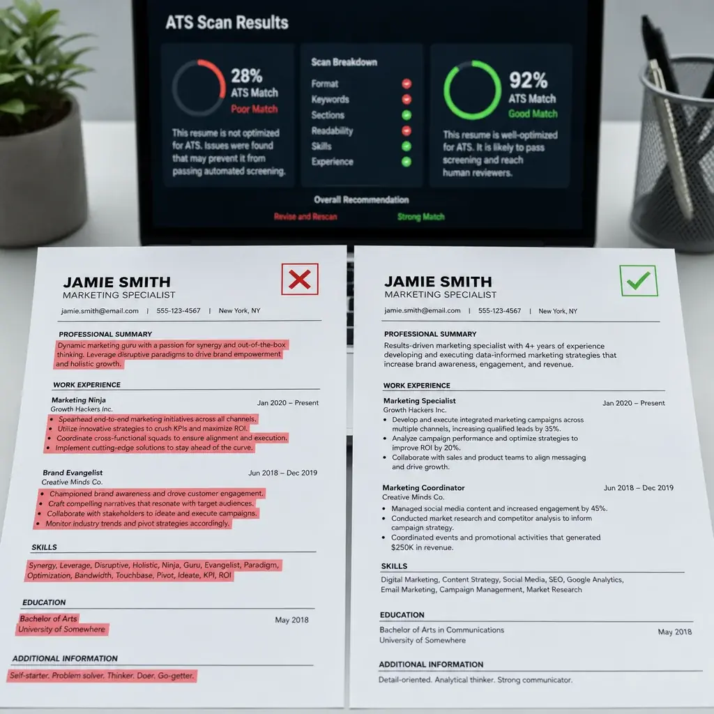 A document-camera comparison of two resumes: one with broken text extraction highlighted in red and one clean with a green checkmark, with a laptop showing an ATS scan in the background