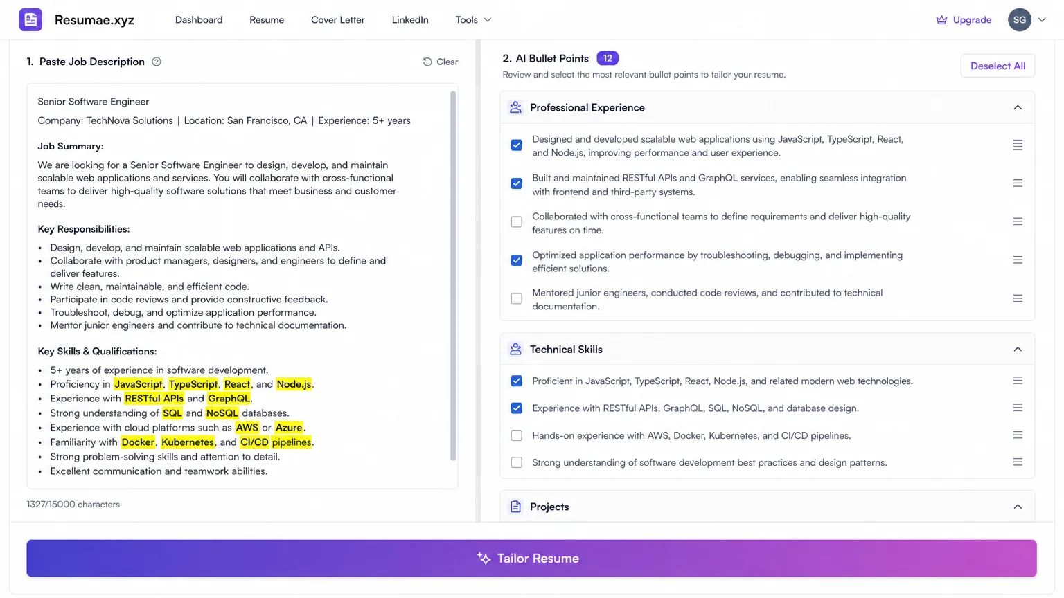 Screenshot of Resumae.xyz AI resume editor interface showing a job description pasted on the left, and bullet point suggestions on the right with a "Tailor" button. The user has selected multiple bullets to include.