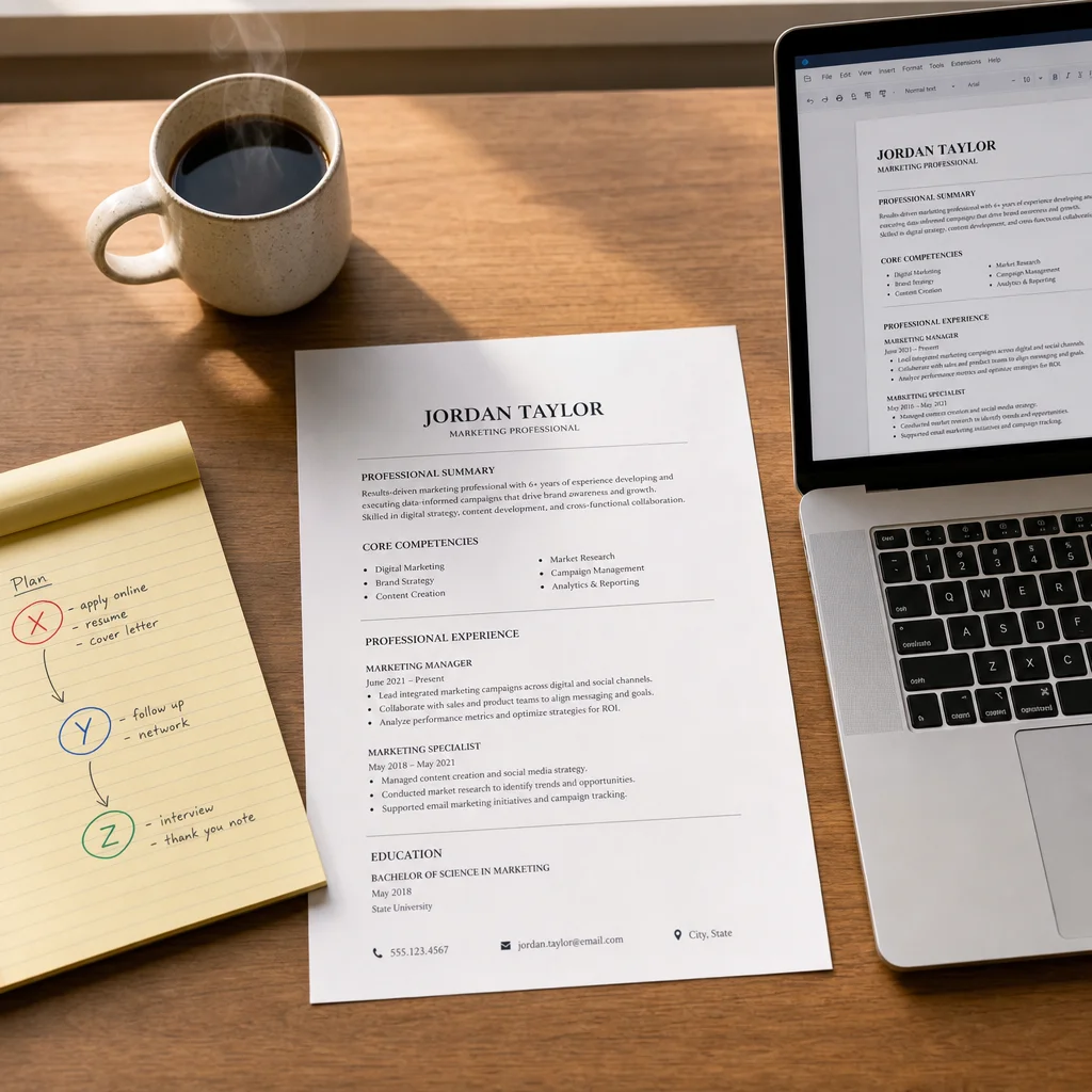 A top-down flat lay of a desk workspace showing a printed resume, a yellow notepad with handwritten notes mapping the XYZ formula (X circled in red, Y in blue, Z in green), a laptop with a text editor open, and a coffee cup. Warm, natural lighting, aspirational job-search vibe.