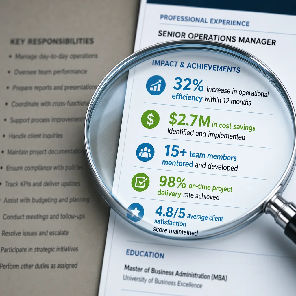 A 3D infographic-style close-up illustration comparing two resume snippets side by side. The left snippet is a blurry, grey list of duties. The right snippet is crisp, colourful, and highlighted with numbers and metrics. A magnifying glass hovers over the right snippet, emphasizing the quantified achievement. Modern tech aesthetic, cool blue and green tones.