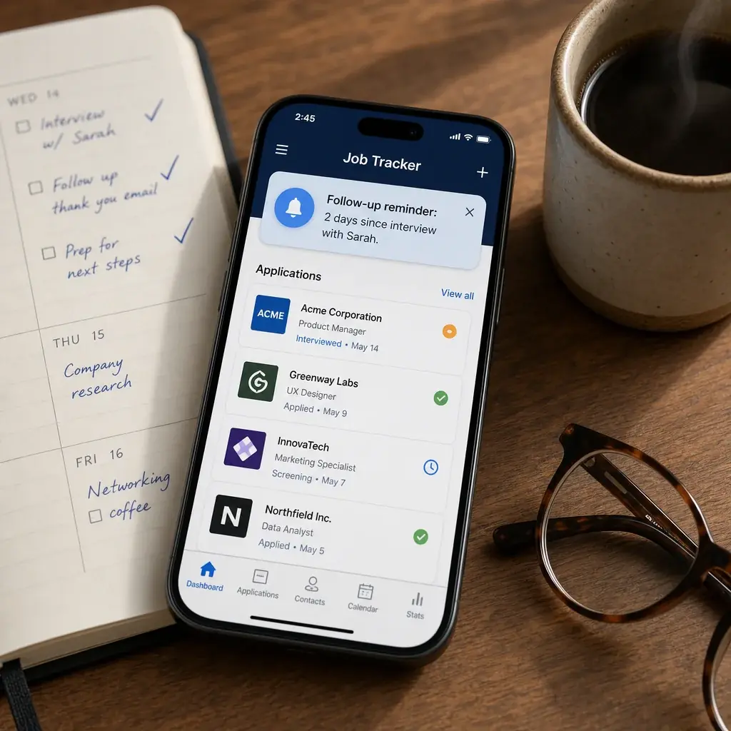 Smartphone showing a follow-up reminder notification next to a paper planner with checkmarks